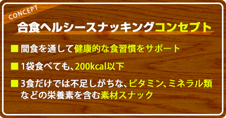 合食ヘルシースナッキングコンセプト・間食を通して健康的な食習慣をサポート・1袋食べても、200kcal以下・3食だけでは不足しがちな、ビタミン、ミネラル類などの栄養素を含む素材スナック